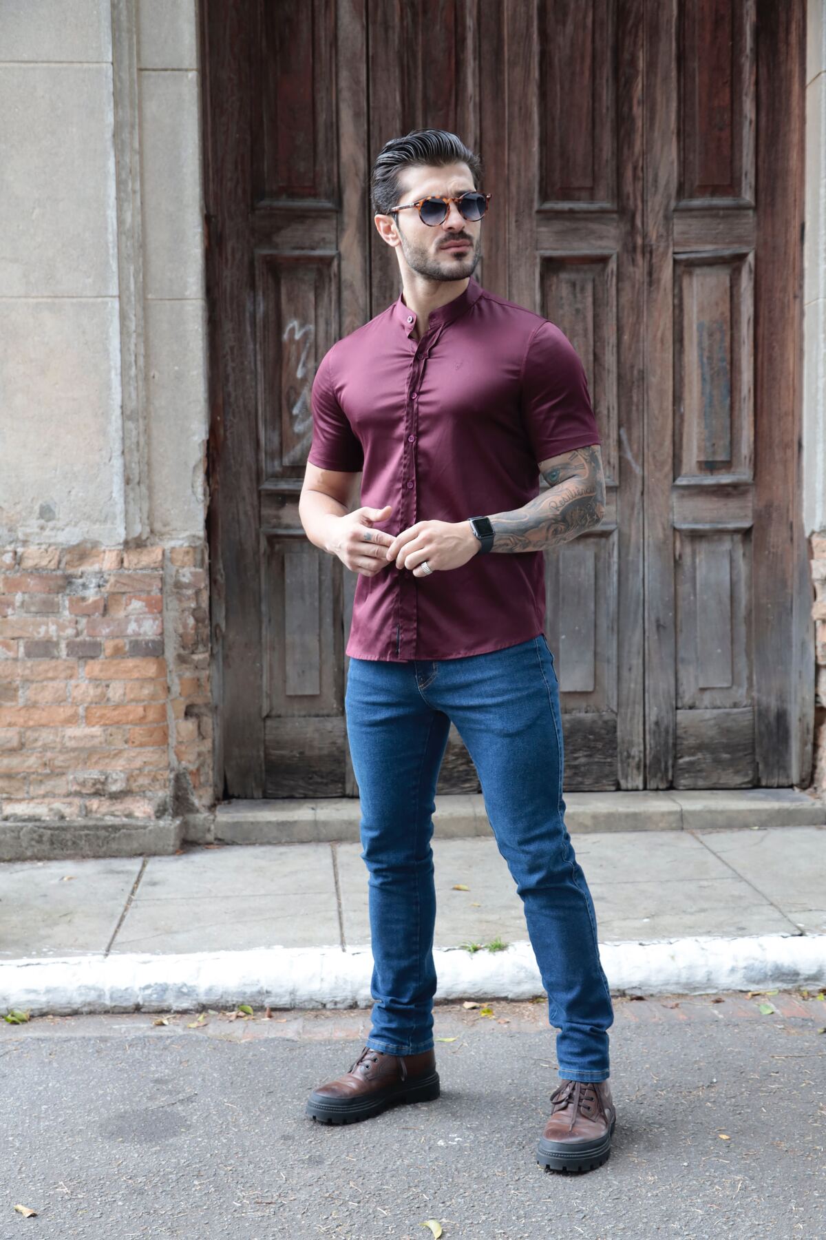 Camisa Manga Curta Social Gola Padre Vinho Algodão Egípcio