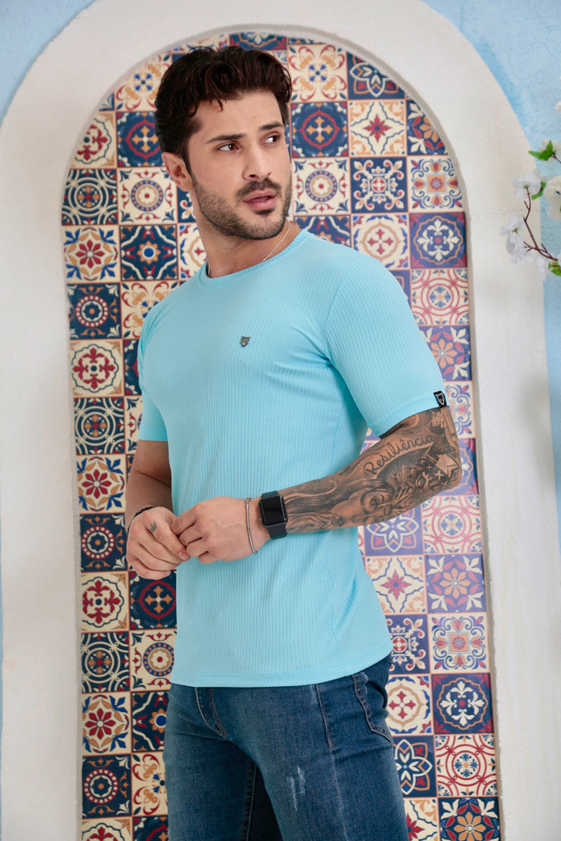 Camiseta Canelada Azul Bebê Logo Metal Volk Culture Supreme