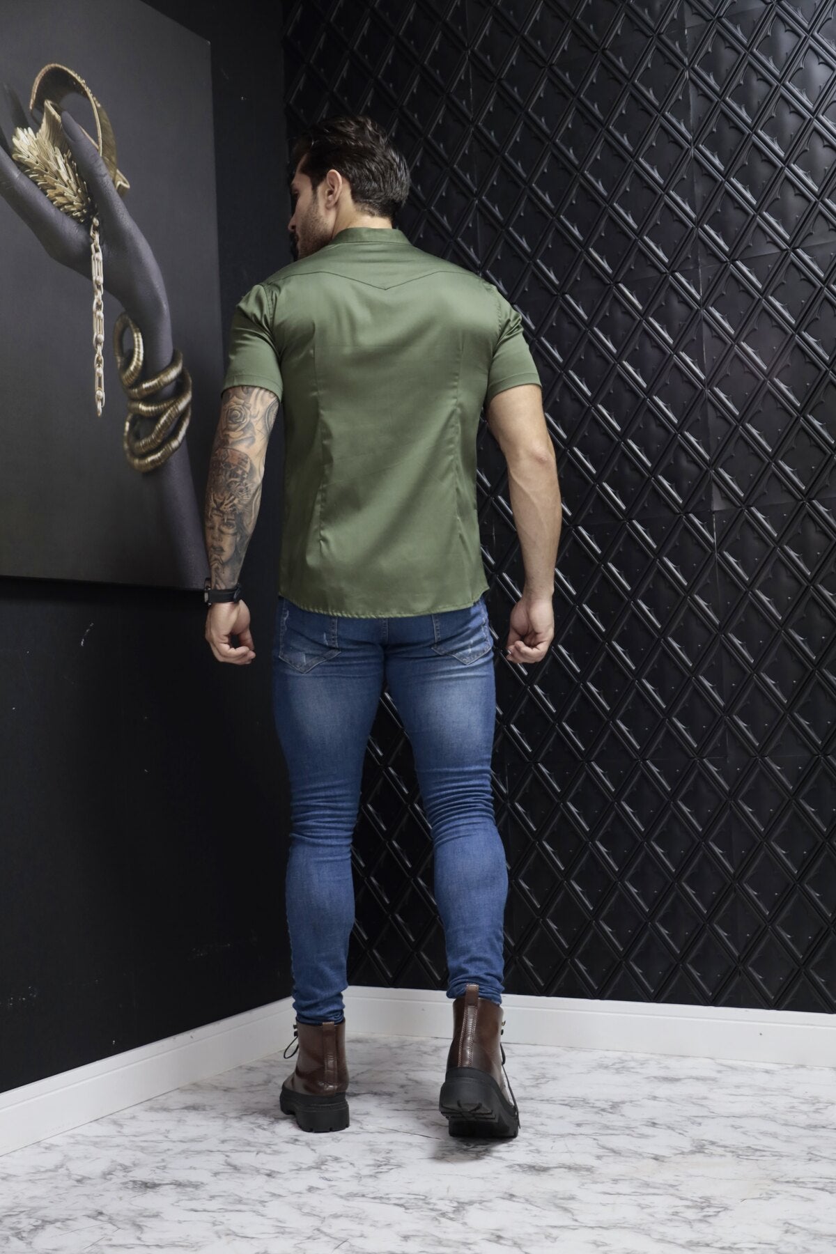 Camisa Manga Curta Social Gola Padre Verde Algodão Egípcio