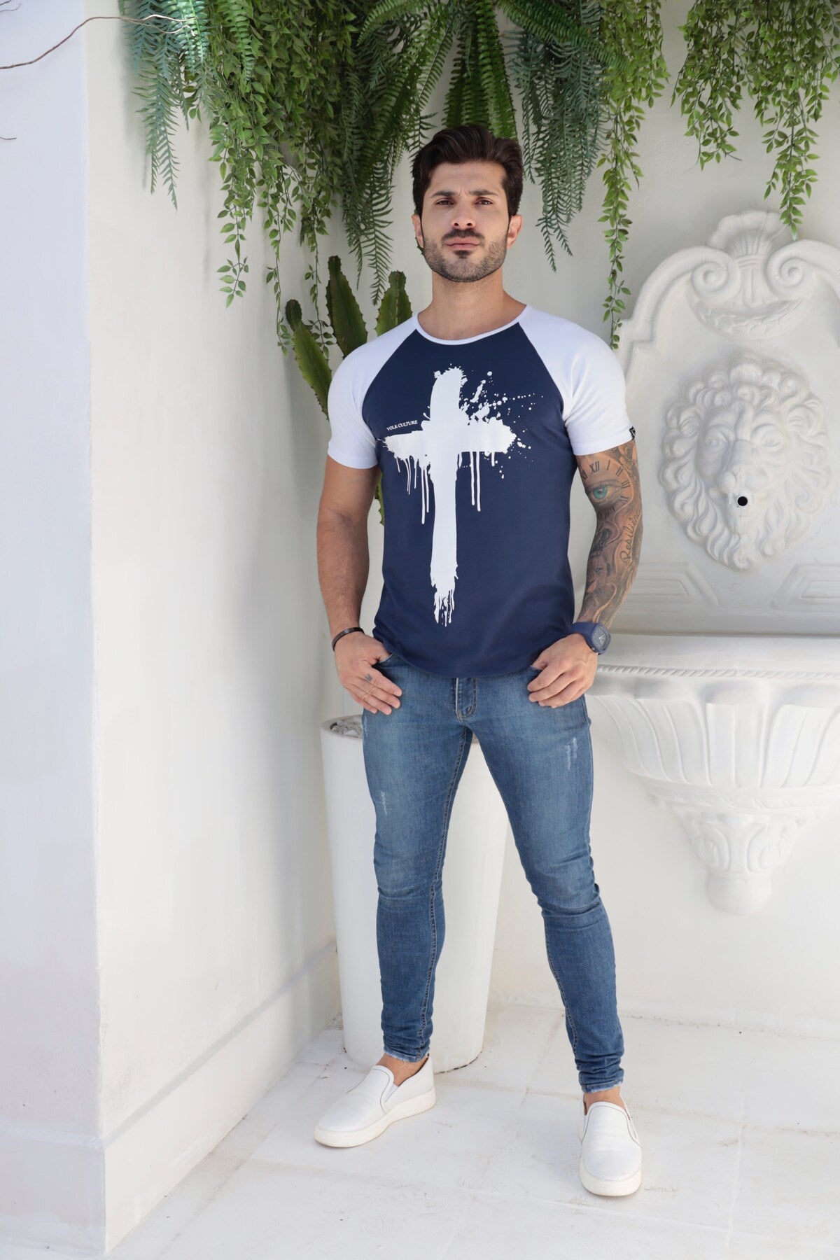 Camiseta Azul Long Line Raglan Volk Culture Cruz