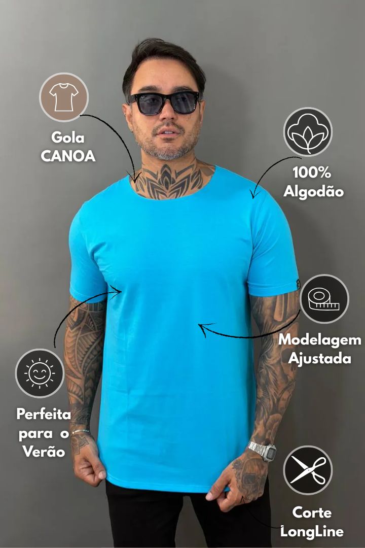 Camiseta Long Line Volk Culture Azul Piscina Gola Canoa - Harpia Moda Masculina