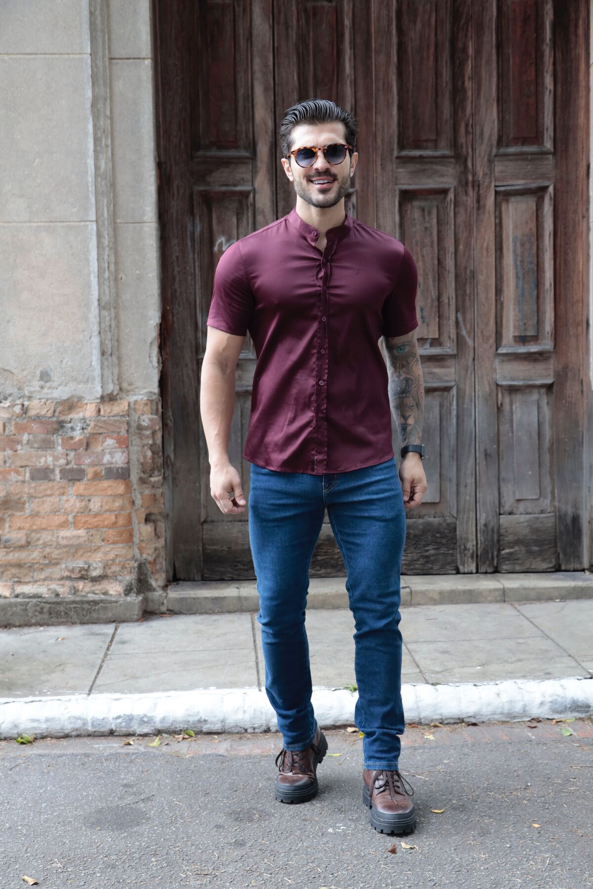 Camisa Manga Curta Social Gola Padre Vinho Algodão Egípcio