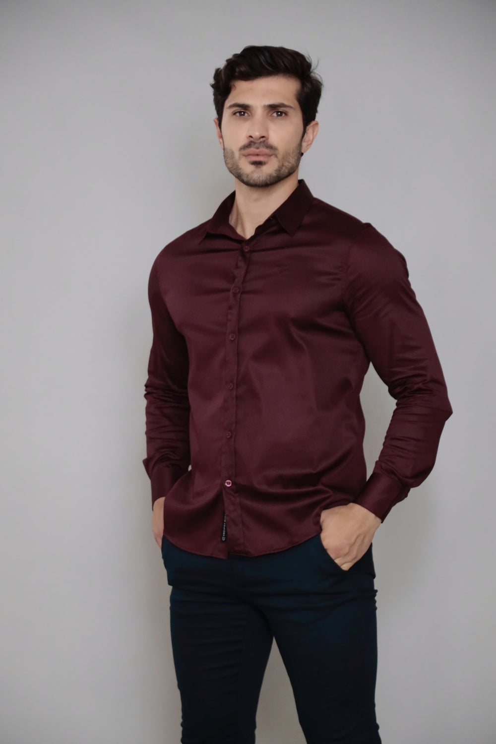 Camisa Manga Longa Social Gola Italiana Vinho Algodão Egípcio