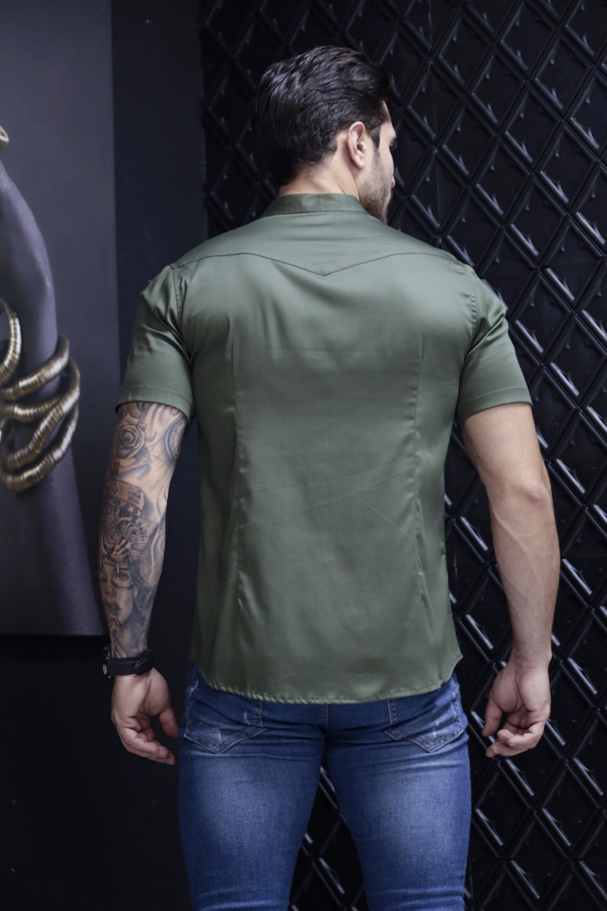 Camisa Manga Curta Social Gola Padre Verde Algodão Egípcio