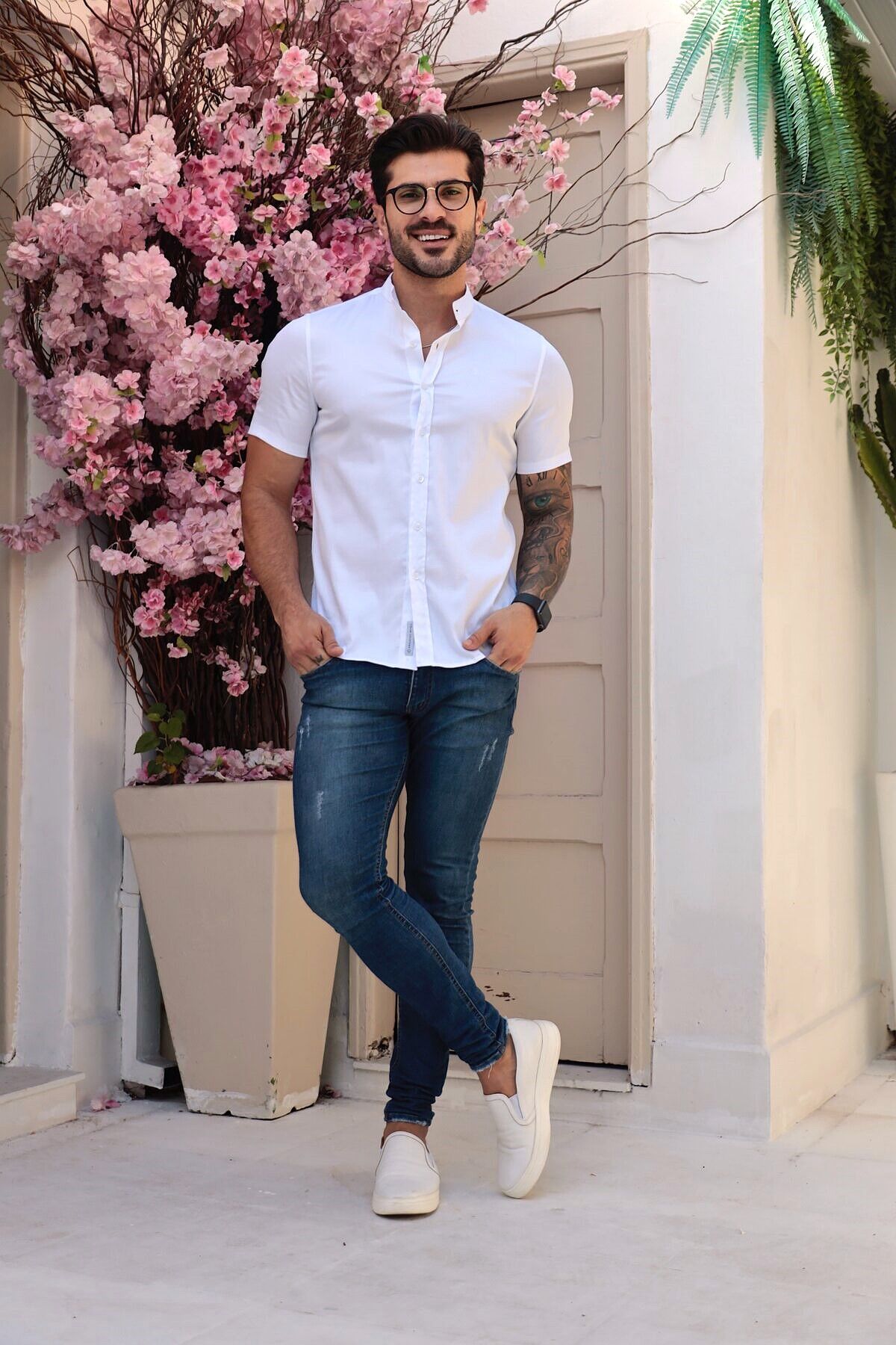 Camisa Manga Curta Social Gola Padre Branca Algodão Egípcio