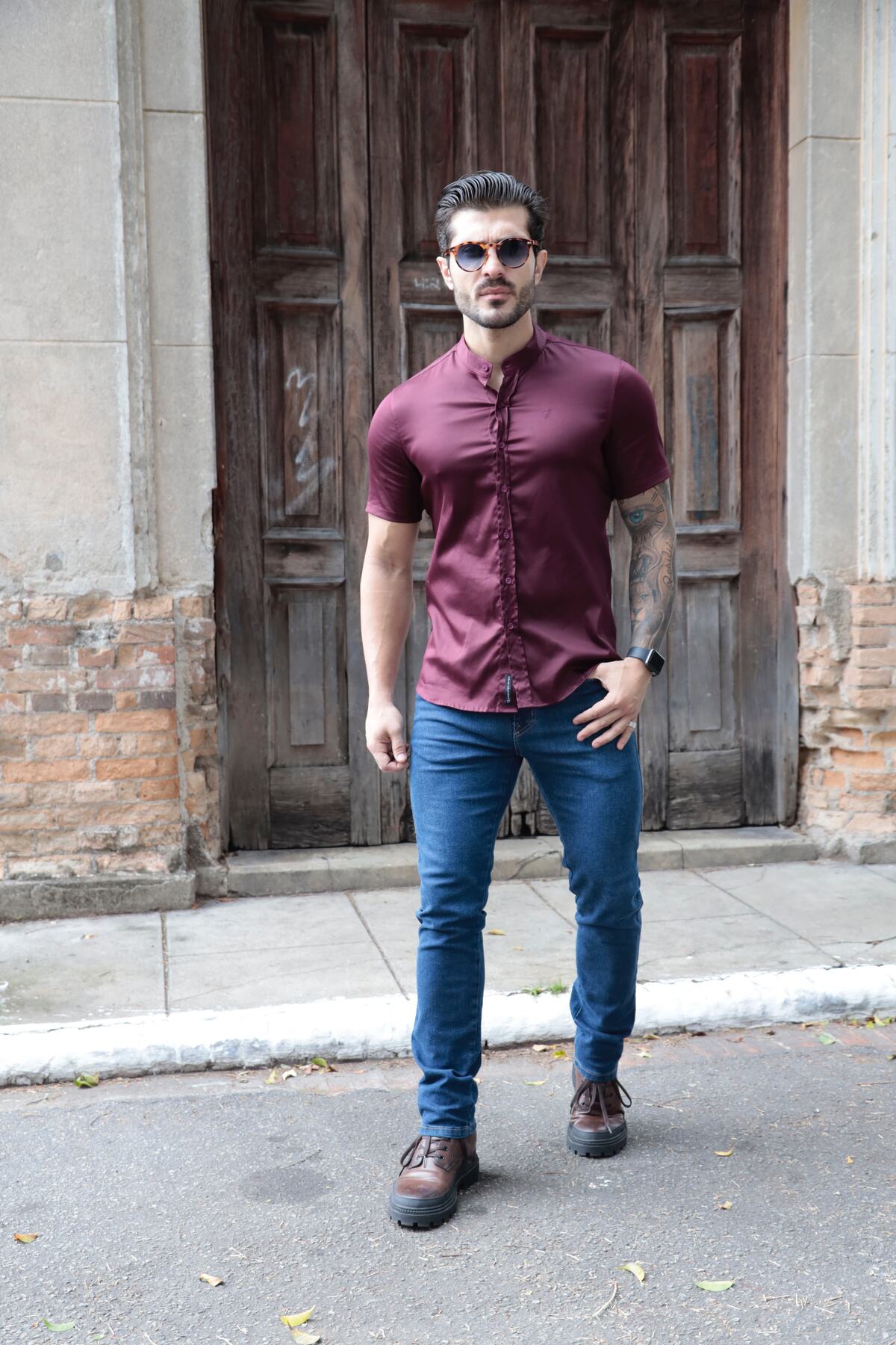 Camisa Manga Curta Social Gola Padre Vinho Algodão Egípcio