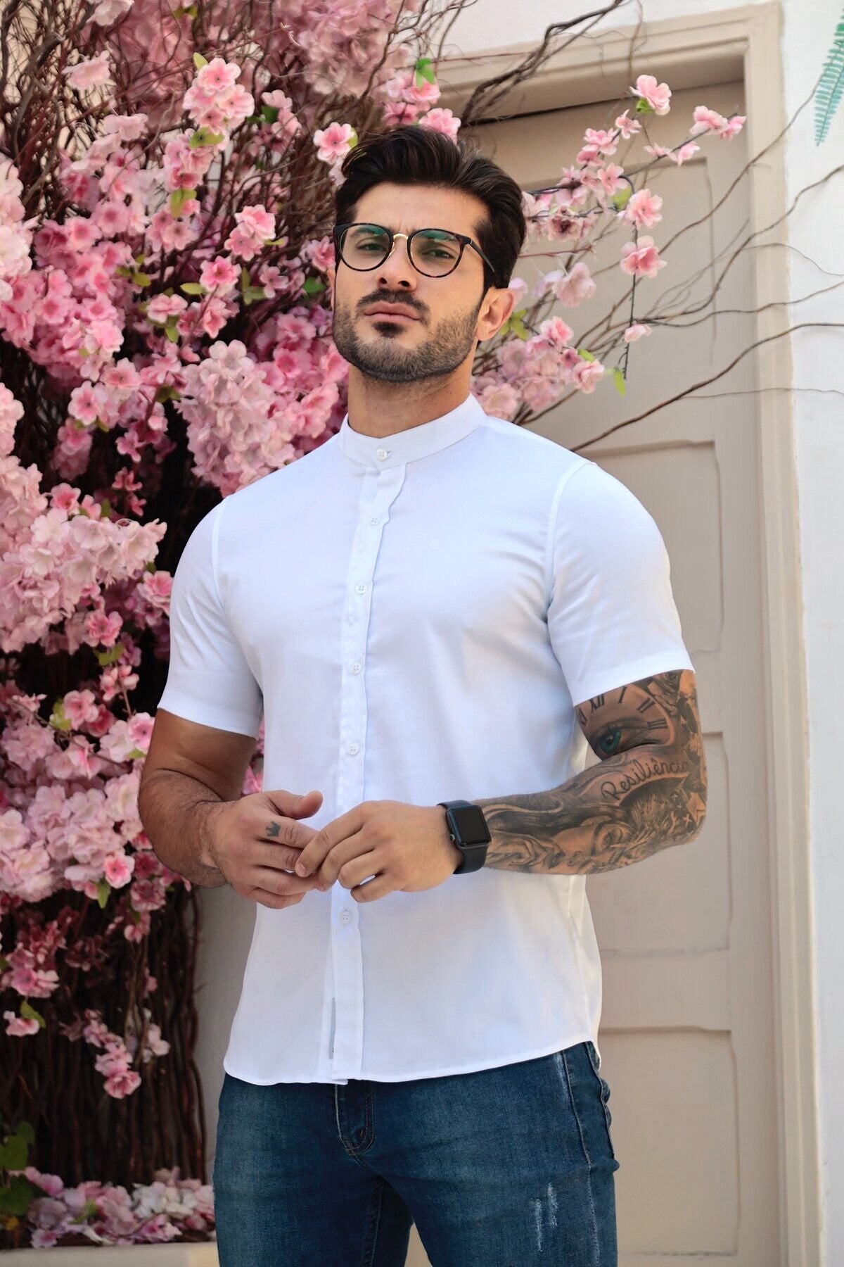 Camisa Manga Curta Social Gola Padre Branca Algodão Egípcio