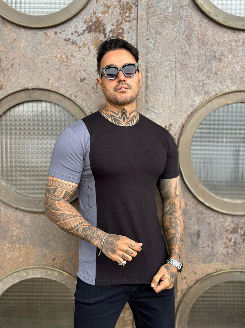 Camiseta Preta Recorte Cinza Cotton Volk Culture Frase