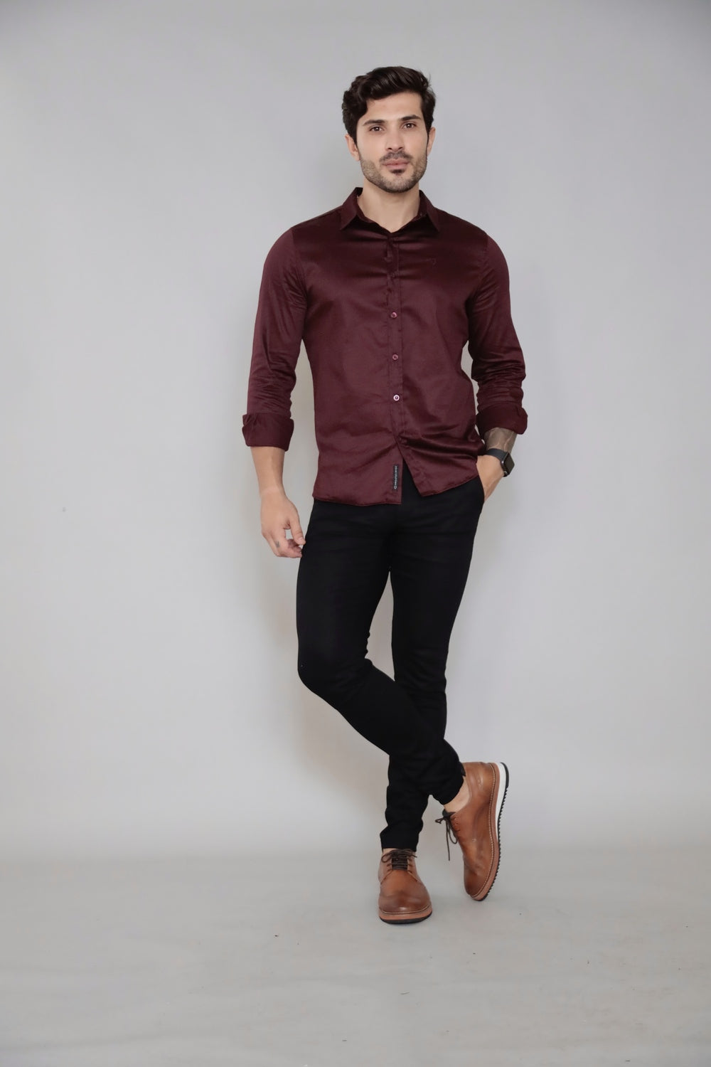 Camisa Manga Longa Social Gola Italiana Vinho Algodão Egípcio