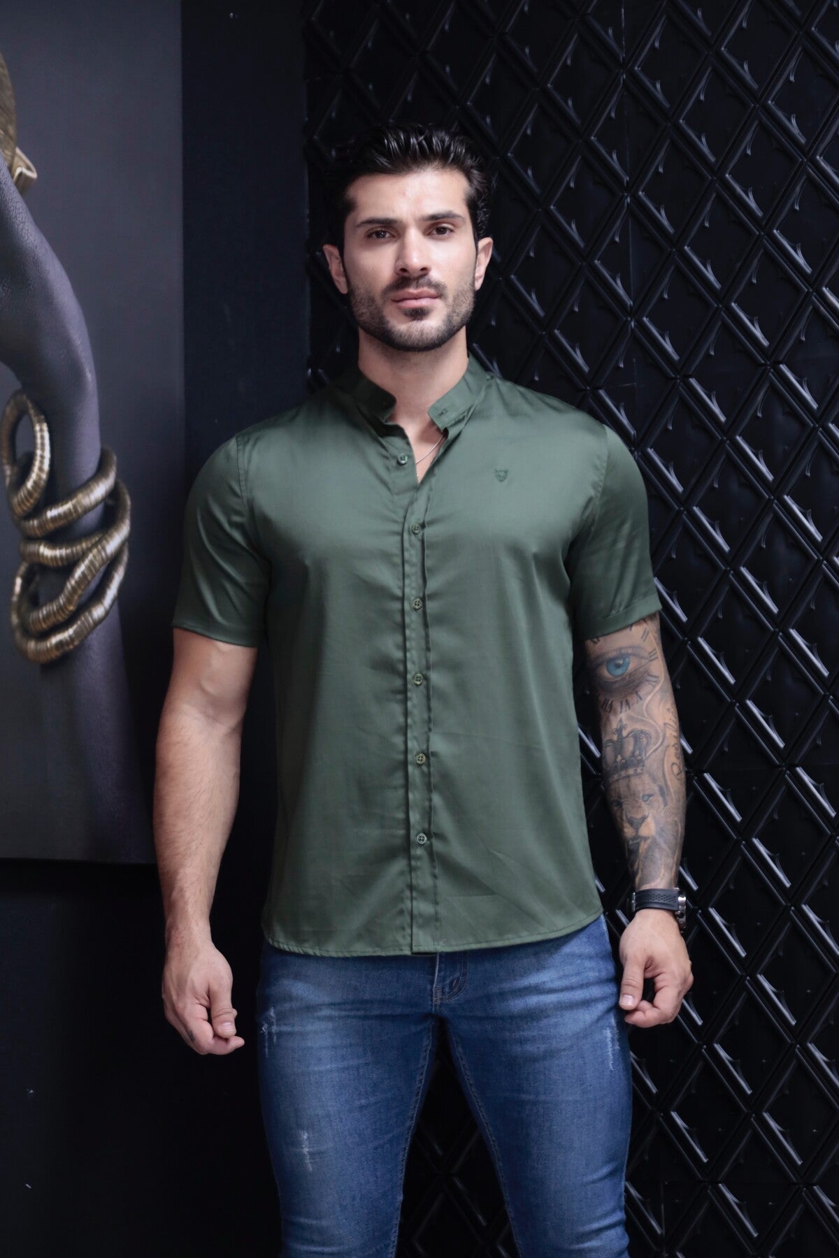 Camisa Manga Curta Social Gola Padre Verde Algodão Egípcio