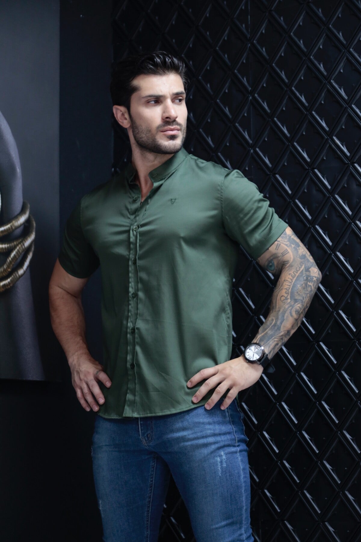 Camisa Manga Curta Social Gola Padre Verde Algodão Egípcio