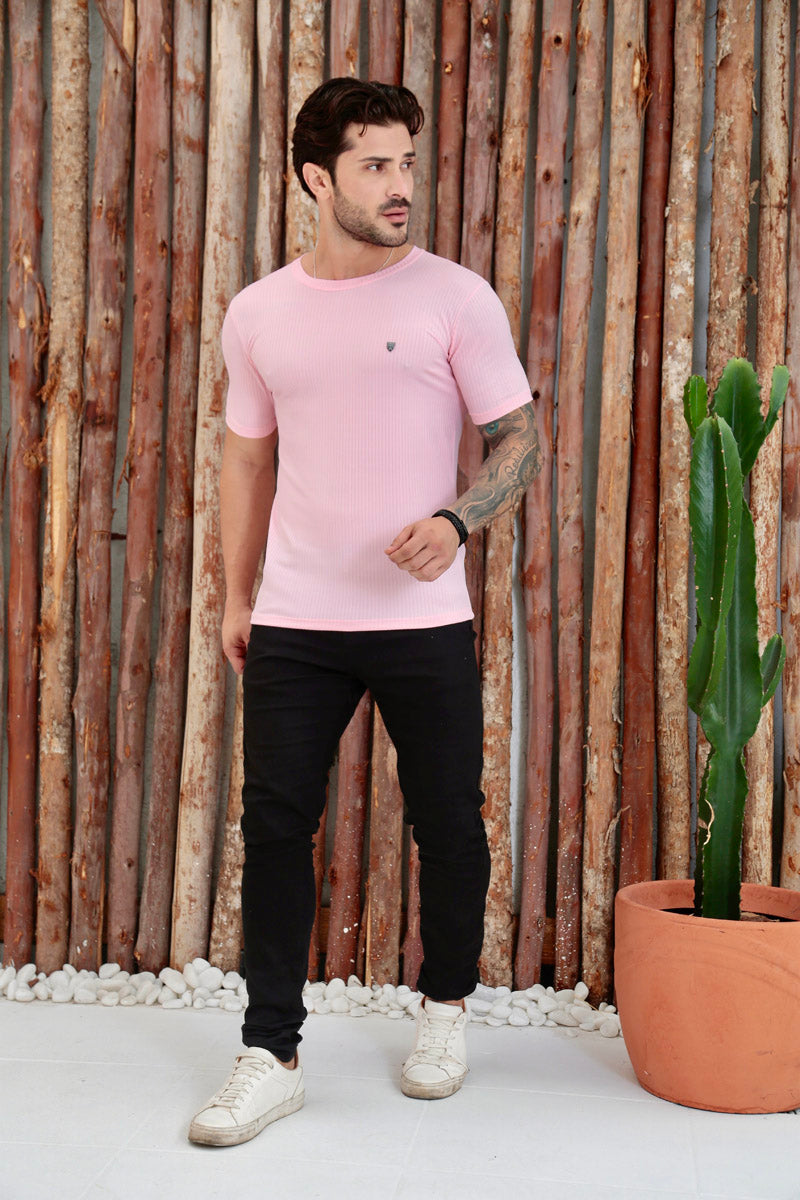 Camiseta Canelada Rosa — detalhe do tecido