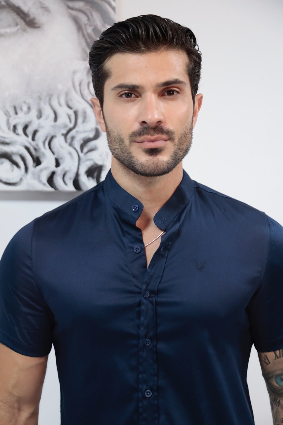 Camisa Manga Curta Social Gola Padre Azul Algodão Egípcio