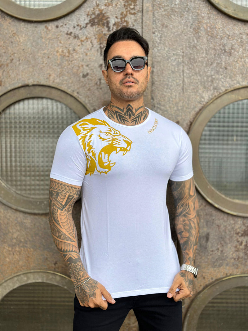 Camiseta Leão Dourado Branca Cotton