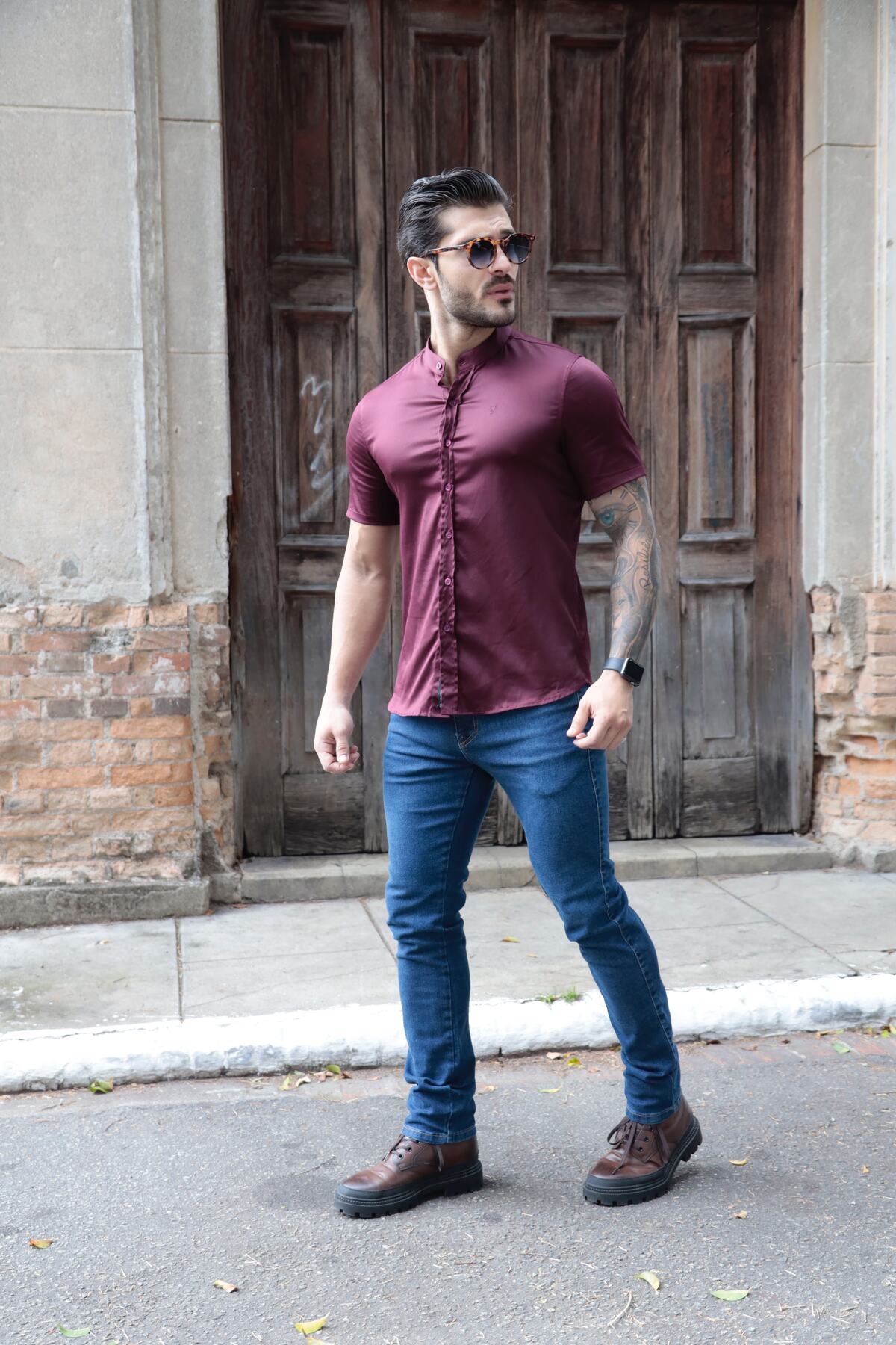 Camisa Manga Curta Social Gola Padre Vinho Algodão Egípcio