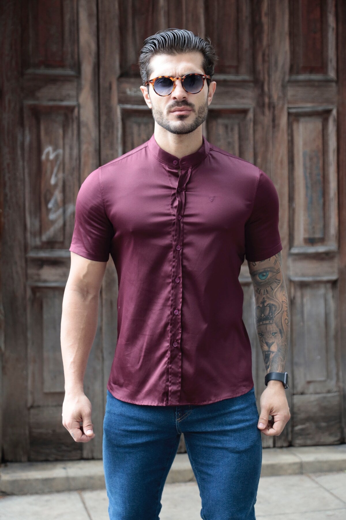 Camisa Manga Curta Social Gola Padre Vinho Algodão Egípcio