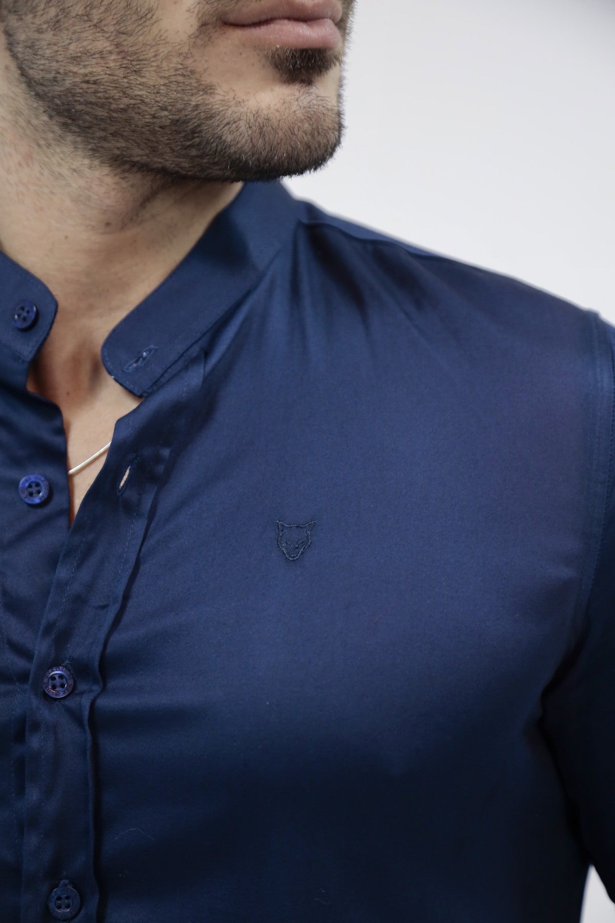 Camisa Manga Curta Social Gola Padre Azul Algodão Egípcio