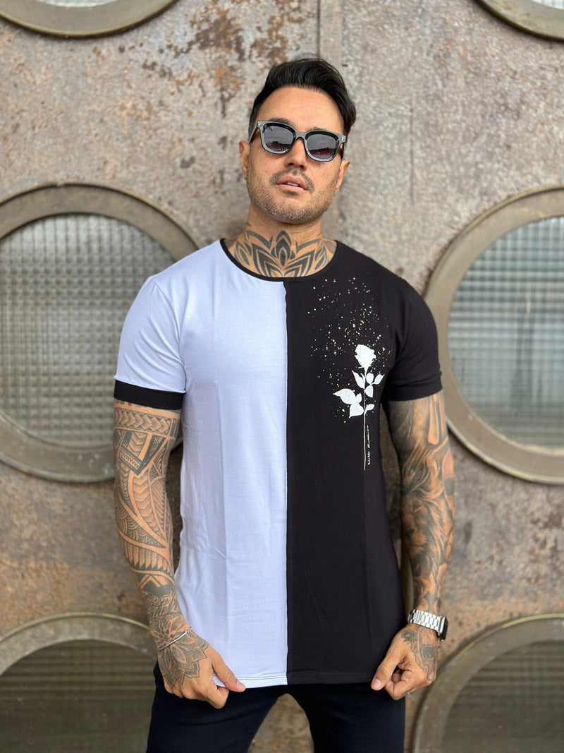 Camiseta Dual Preto e Branco Respingos Cotton