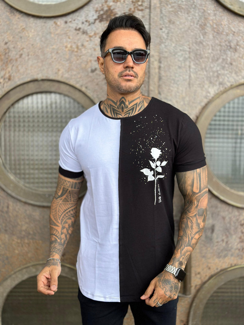 Camiseta Dual Preto e Branco Respingos Cotton