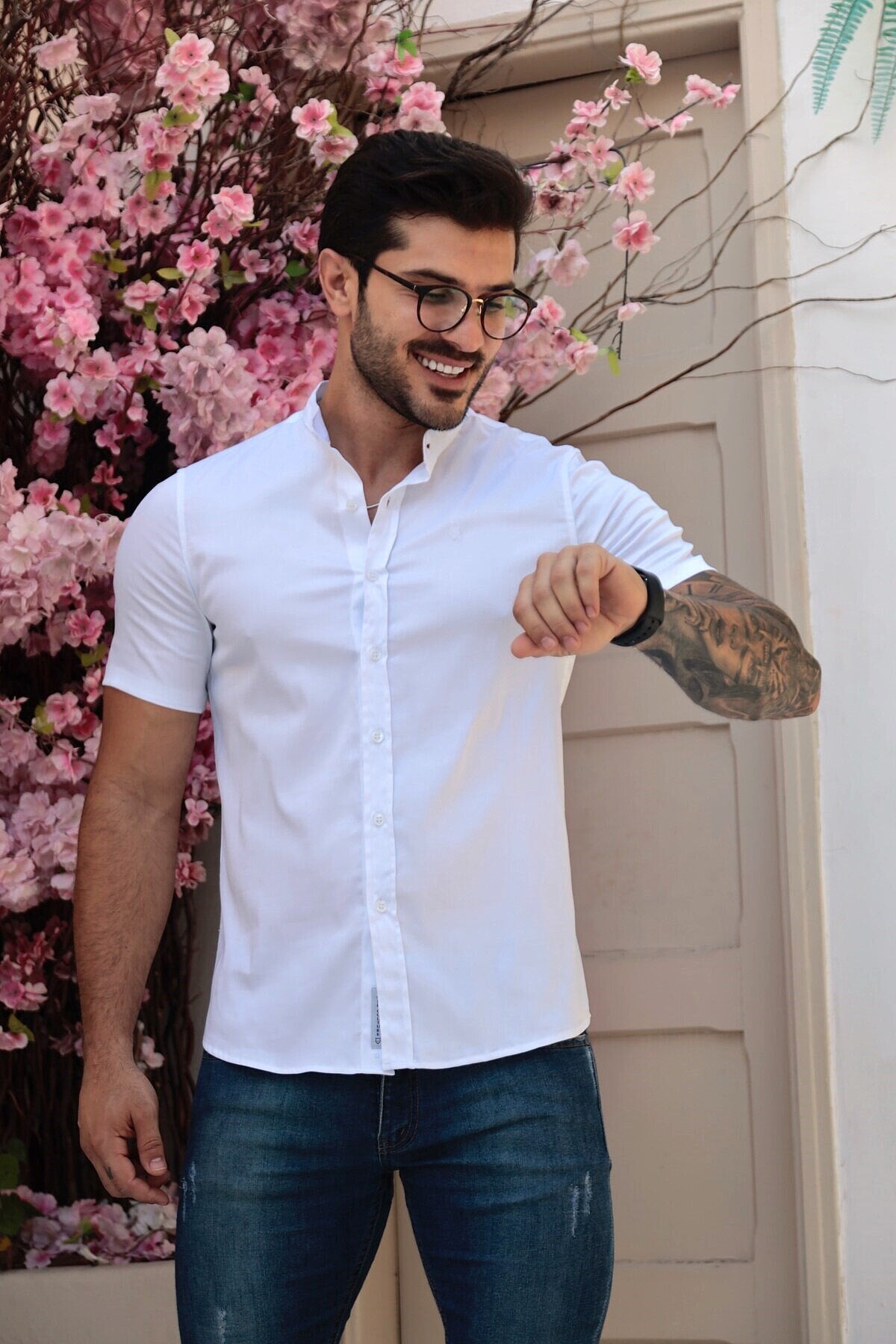 Camisa Manga Curta Social Gola Padre Branca Algodão Egípcio