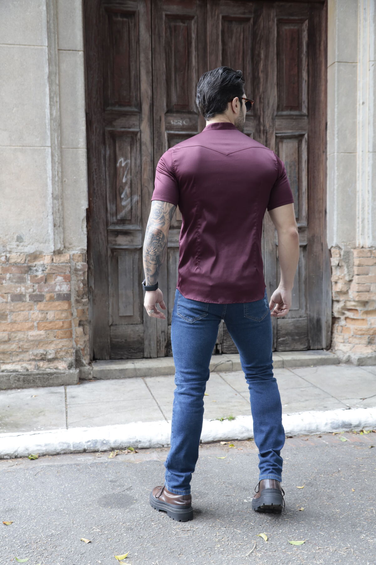 Camisa Manga Curta Social Gola Padre Vinho Algodão Egípcio