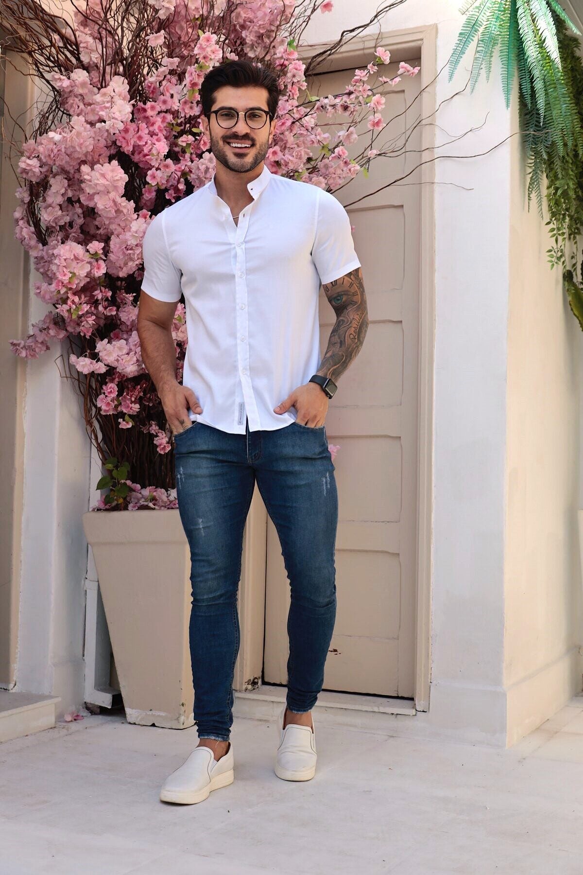 Camisa Manga Curta Social Gola Padre Branca Algodão Egípcio