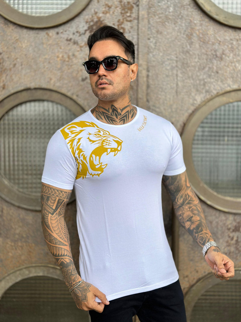 Camiseta Leão Dourado Branca Cotton
