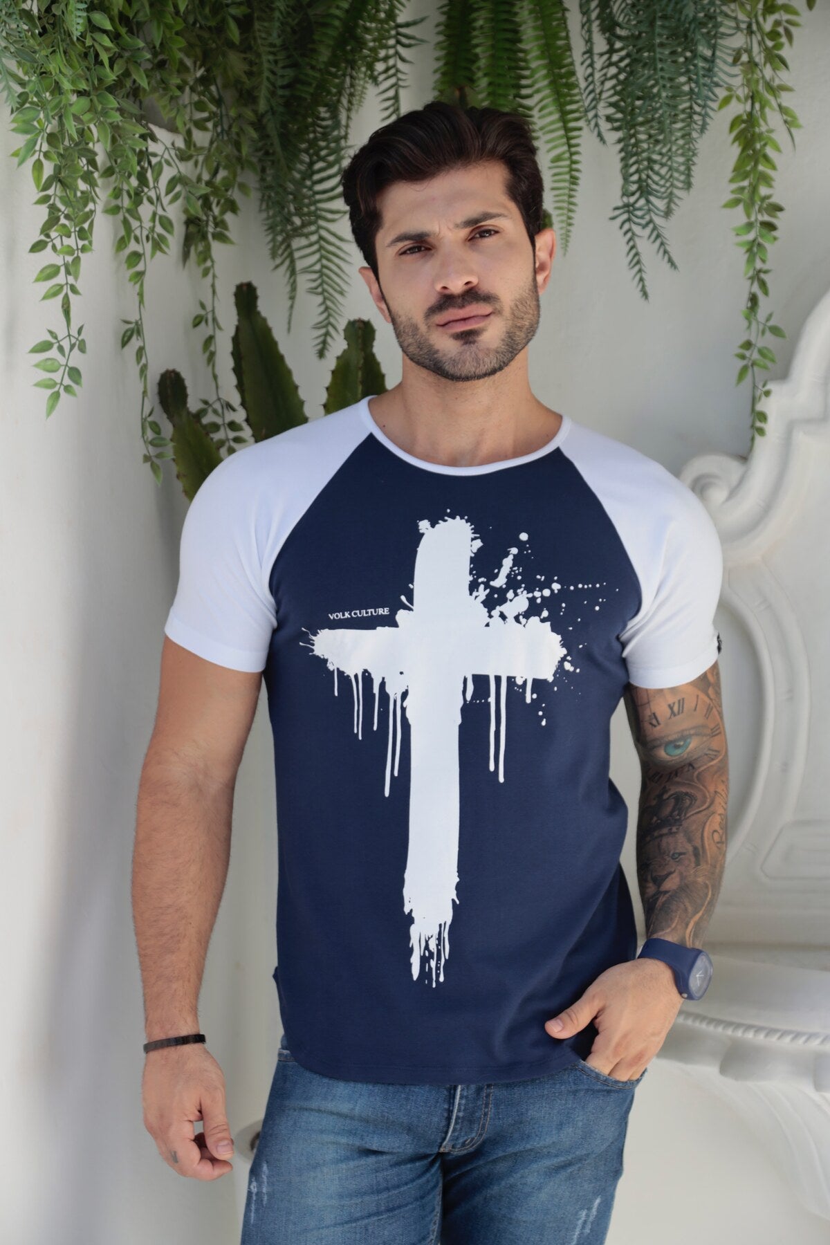 Camiseta Azul Long Line Raglan Volk Culture Cruz