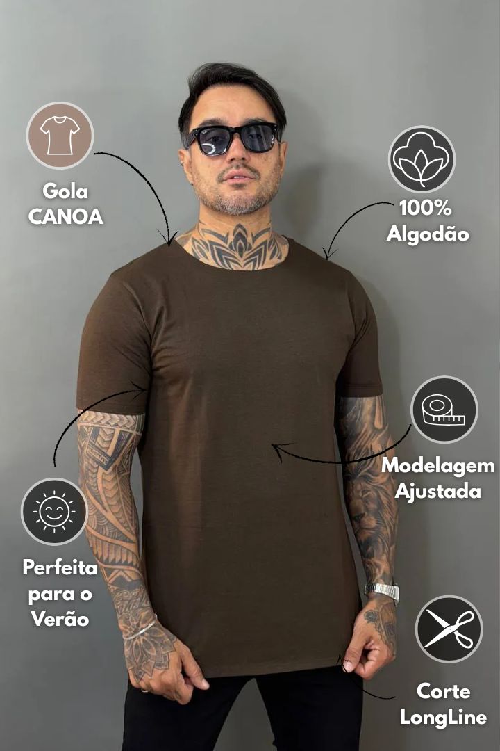 Camiseta Long Line Volk Culture Marrom Escuro Gola Canoa - Harpia Moda Masculina