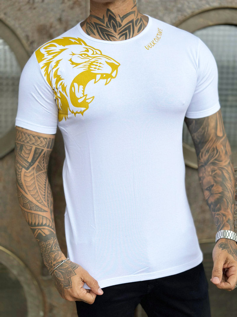 Camiseta Leão Dourado Branca Cotton