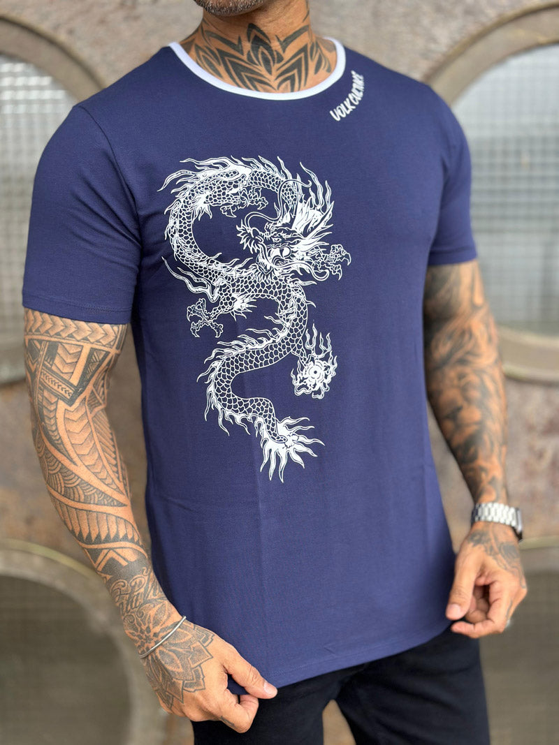 Camiseta Dragão Branco Azul Cotton