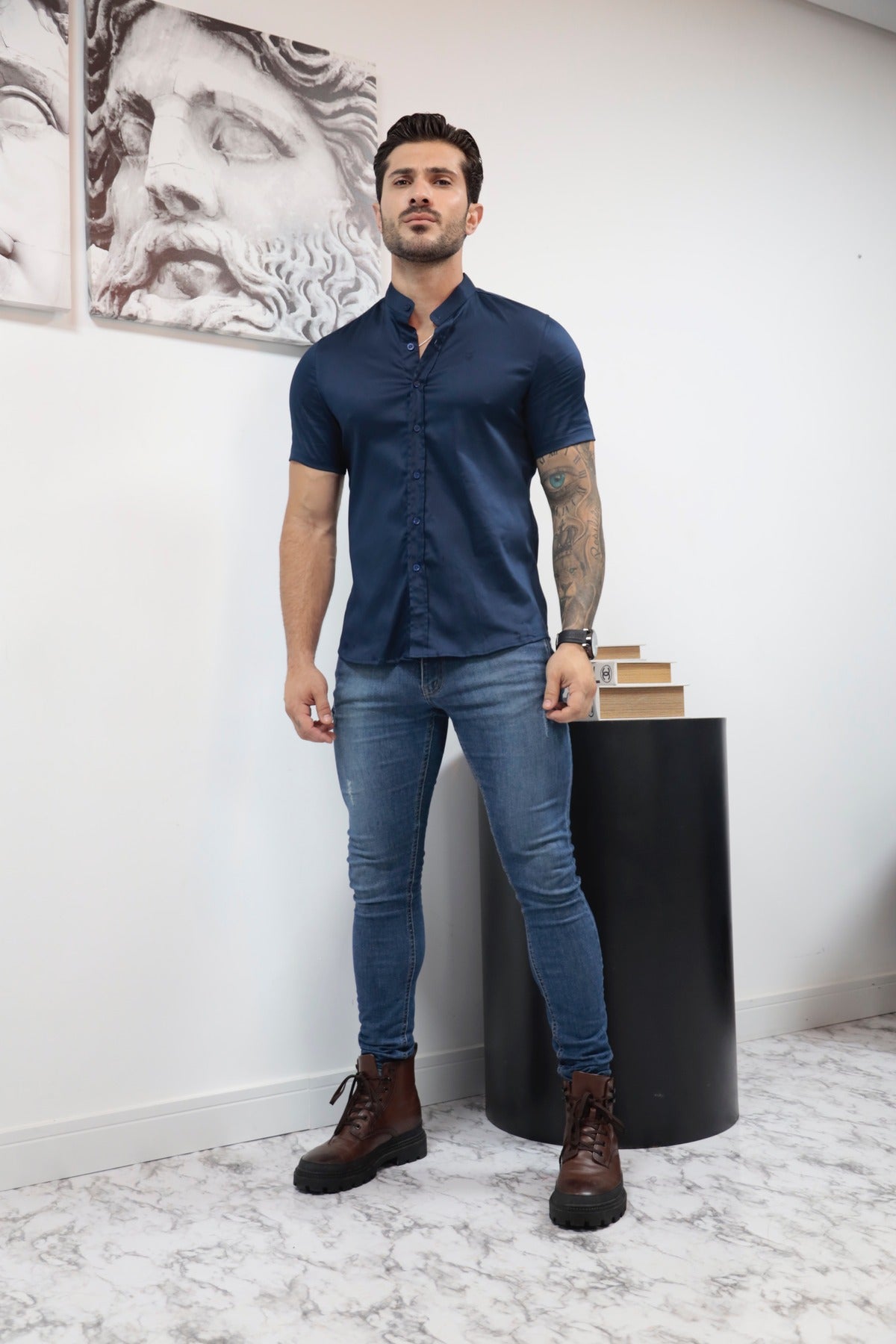 Camisa Manga Curta Social Gola Padre Azul Algodão Egípcio