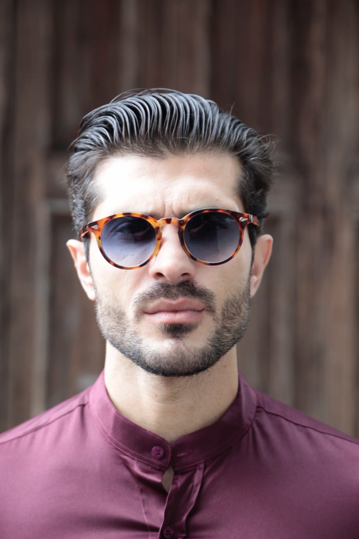 Camisa Manga Curta Social Gola Padre Vinho Algodão Egípcio