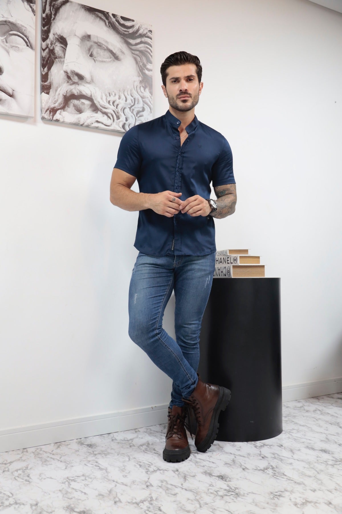 Camisa Manga Curta Social Gola Padre Azul Algodão Egípcio