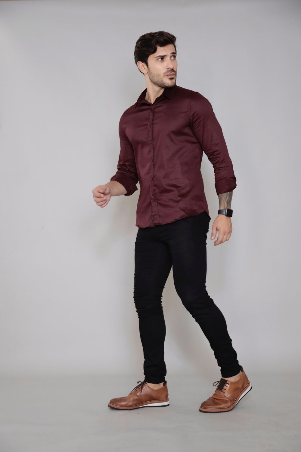 Camisa Manga Longa Social Gola Italiana Vinho Algodão Egípcio