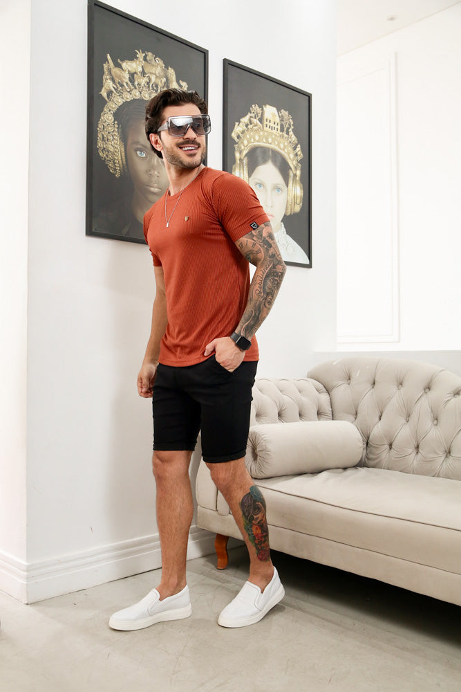 Camiseta Canelada Terracota — detalhe do tecido