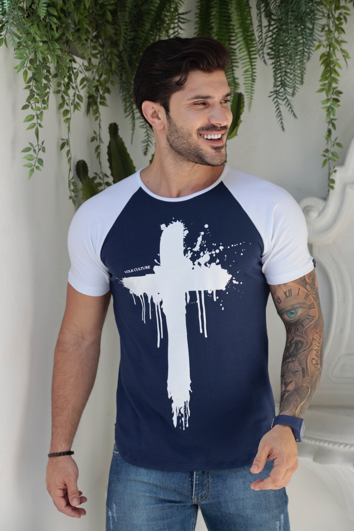 Camiseta Azul Long Line Raglan Volk Culture Cruz