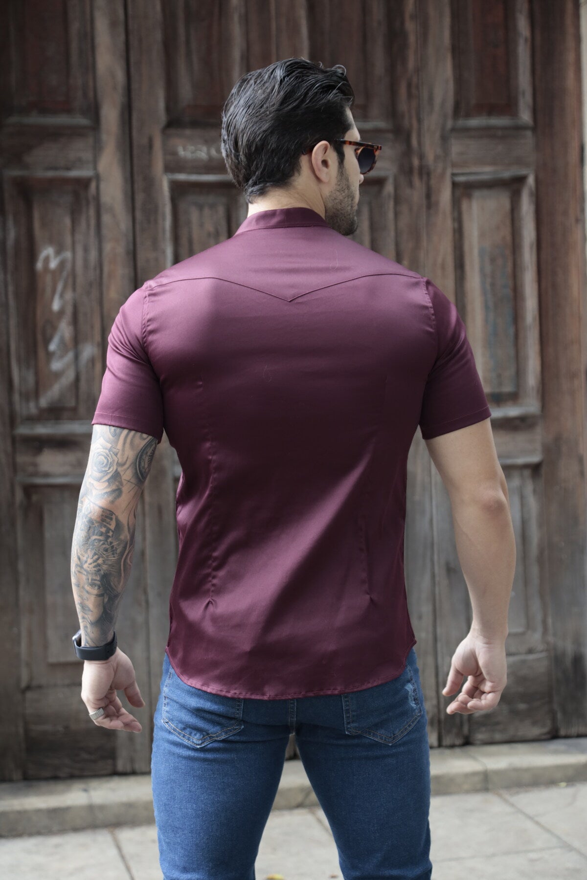 Camisa Manga Curta Social Gola Padre Vinho Algodão Egípcio