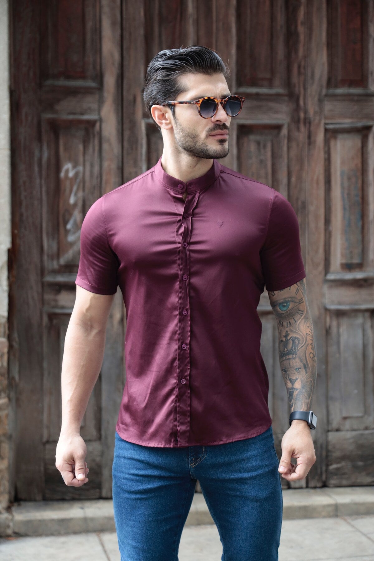 Camisa Manga Curta Social Gola Padre Vinho Algodão Egípcio