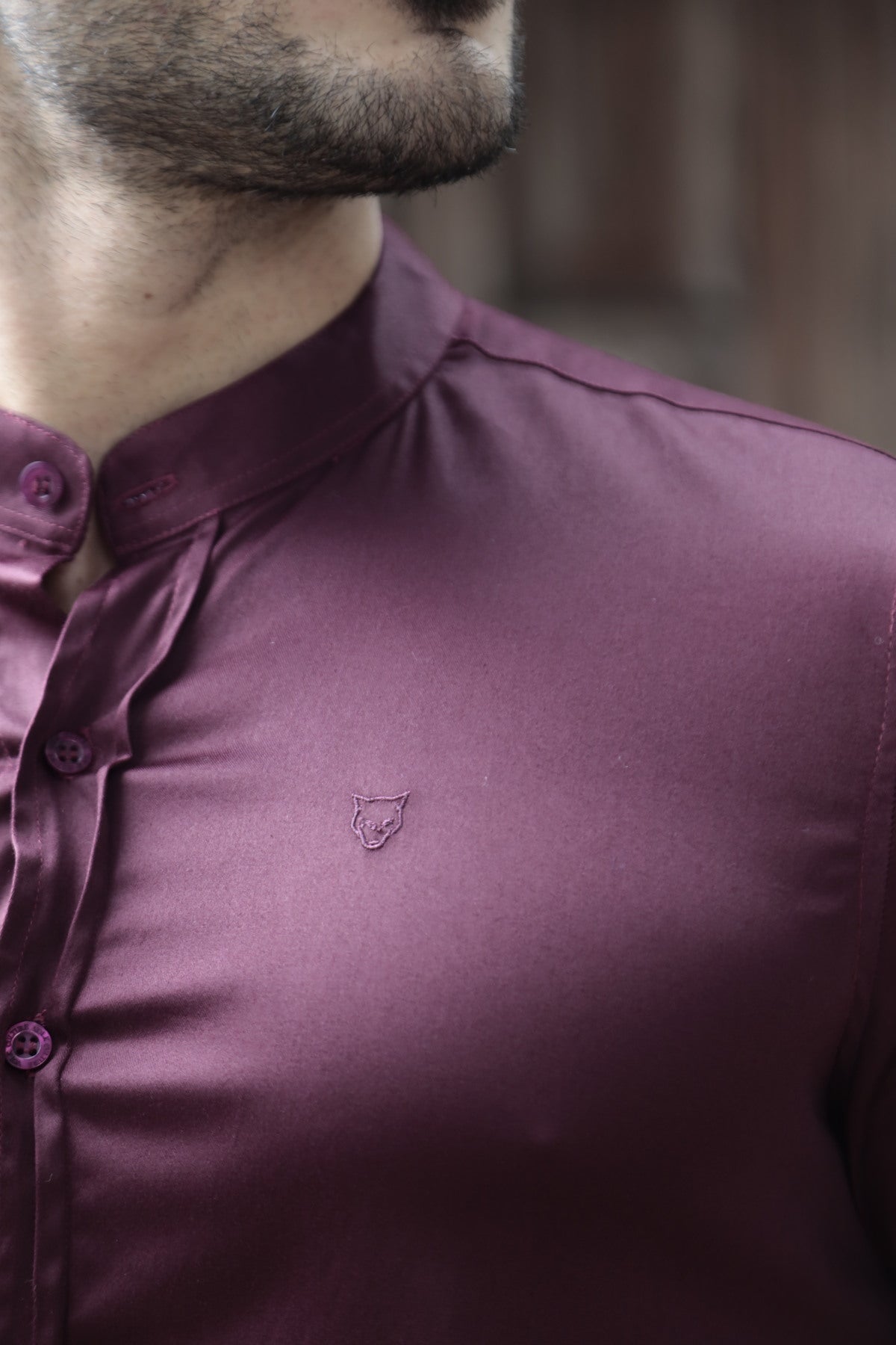 Camisa Manga Curta Social Gola Padre Vinho Algodão Egípcio