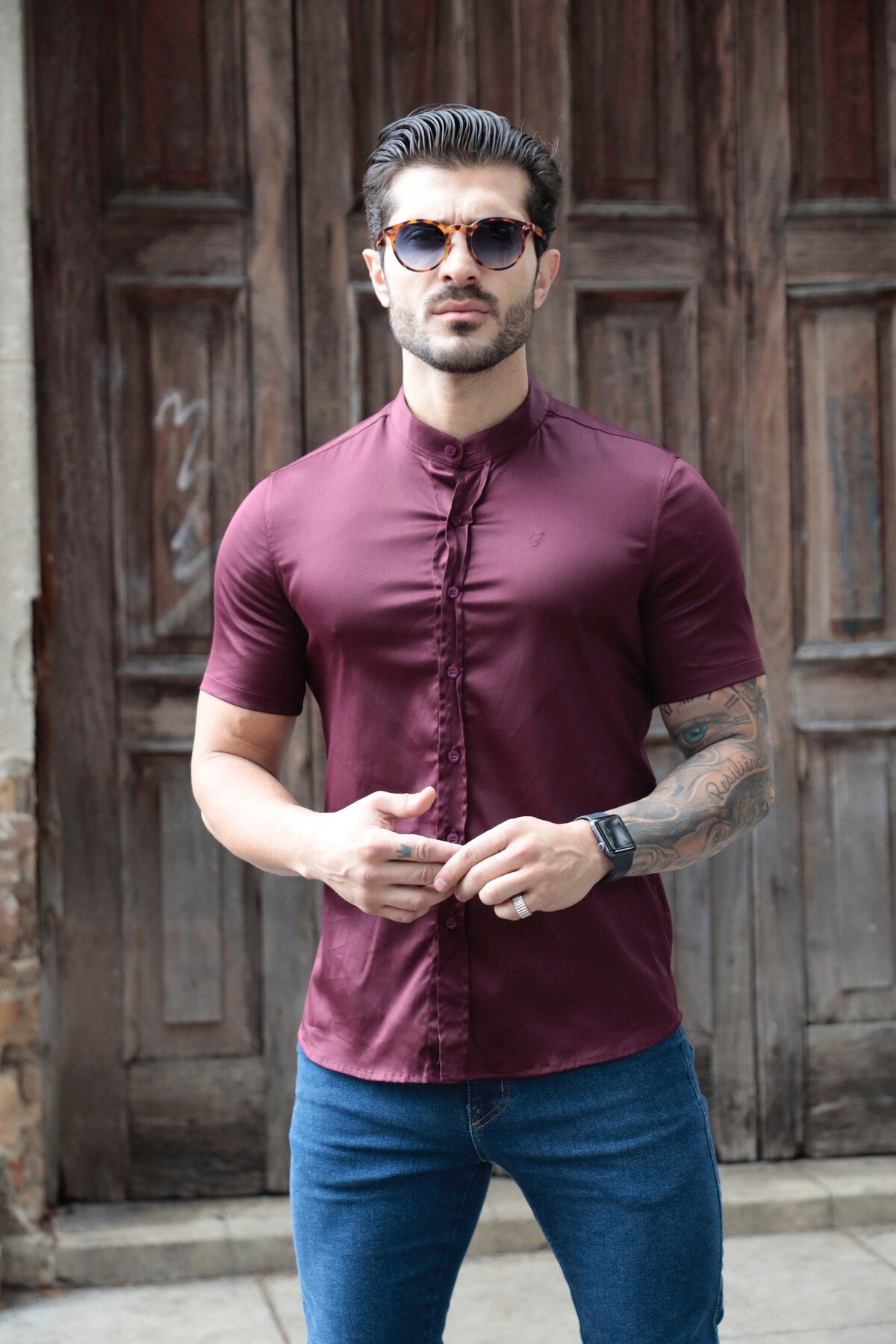 Camisa Manga Curta Social Gola Padre Vinho Algodão Egípcio