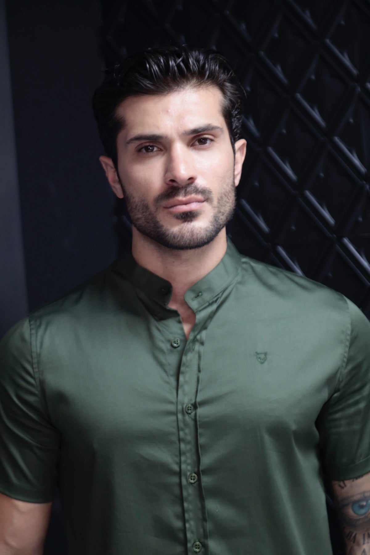 Camisa Manga Curta Social Gola Padre Verde Algodão Egípcio