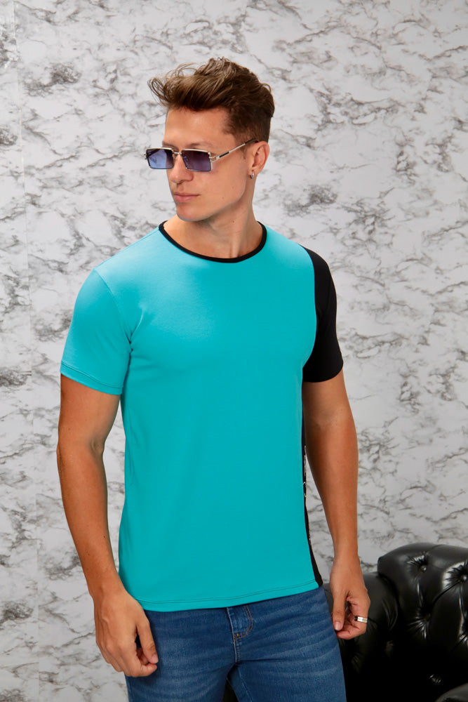 Camiseta Dual Preto e Azul Piscina Assinatura Cotton