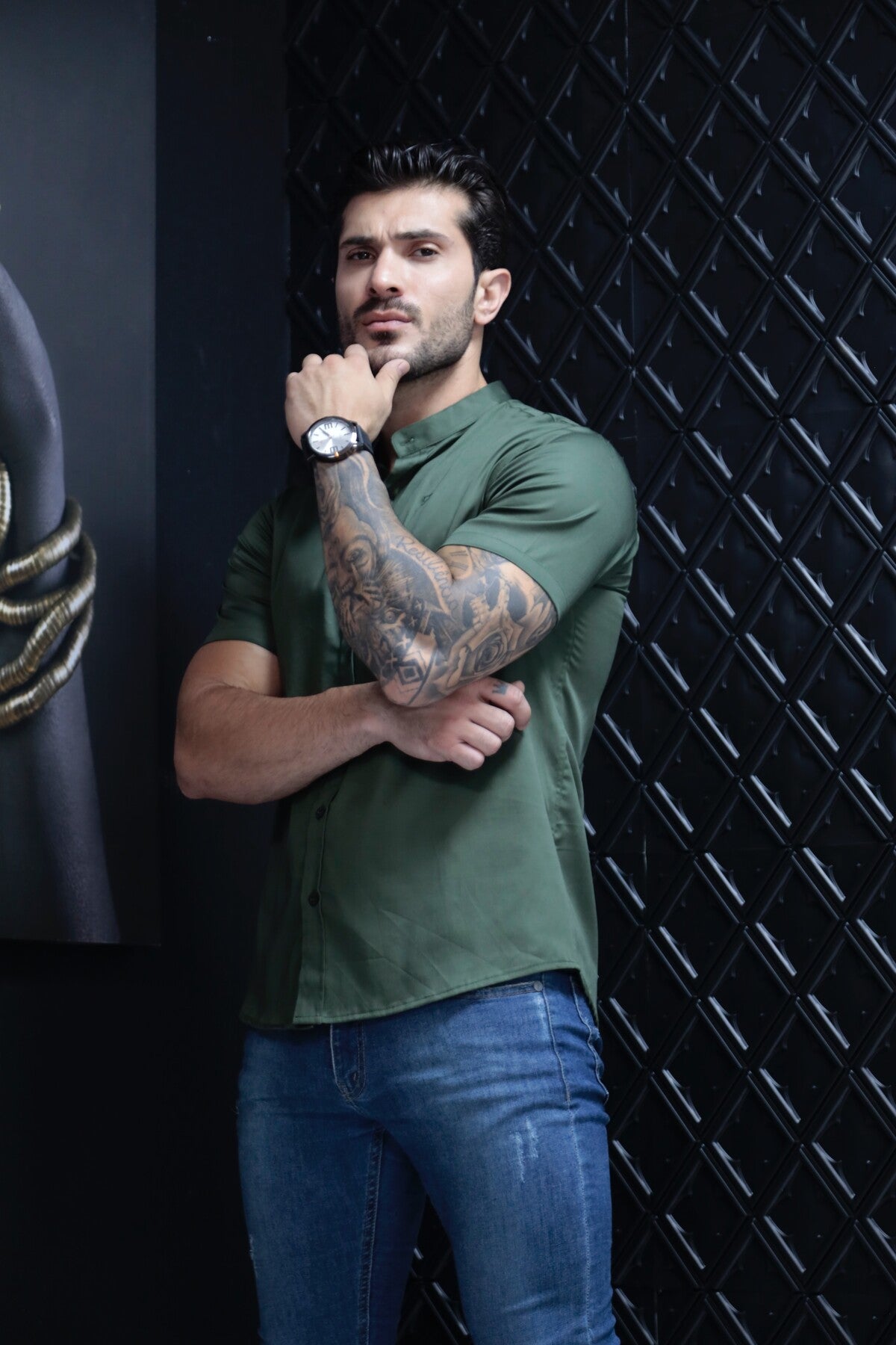 Camisa Manga Curta Social Gola Padre Verde Algodão Egípcio