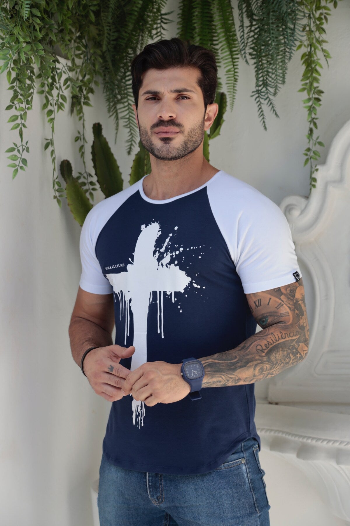 Camiseta Azul Long Line Raglan Volk Culture Cruz