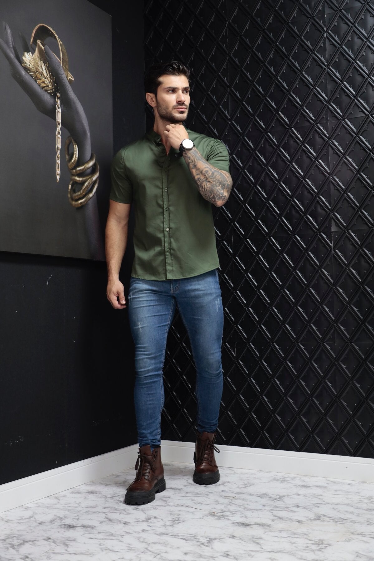 Camisa Manga Curta Social Gola Padre Verde Algodão Egípcio