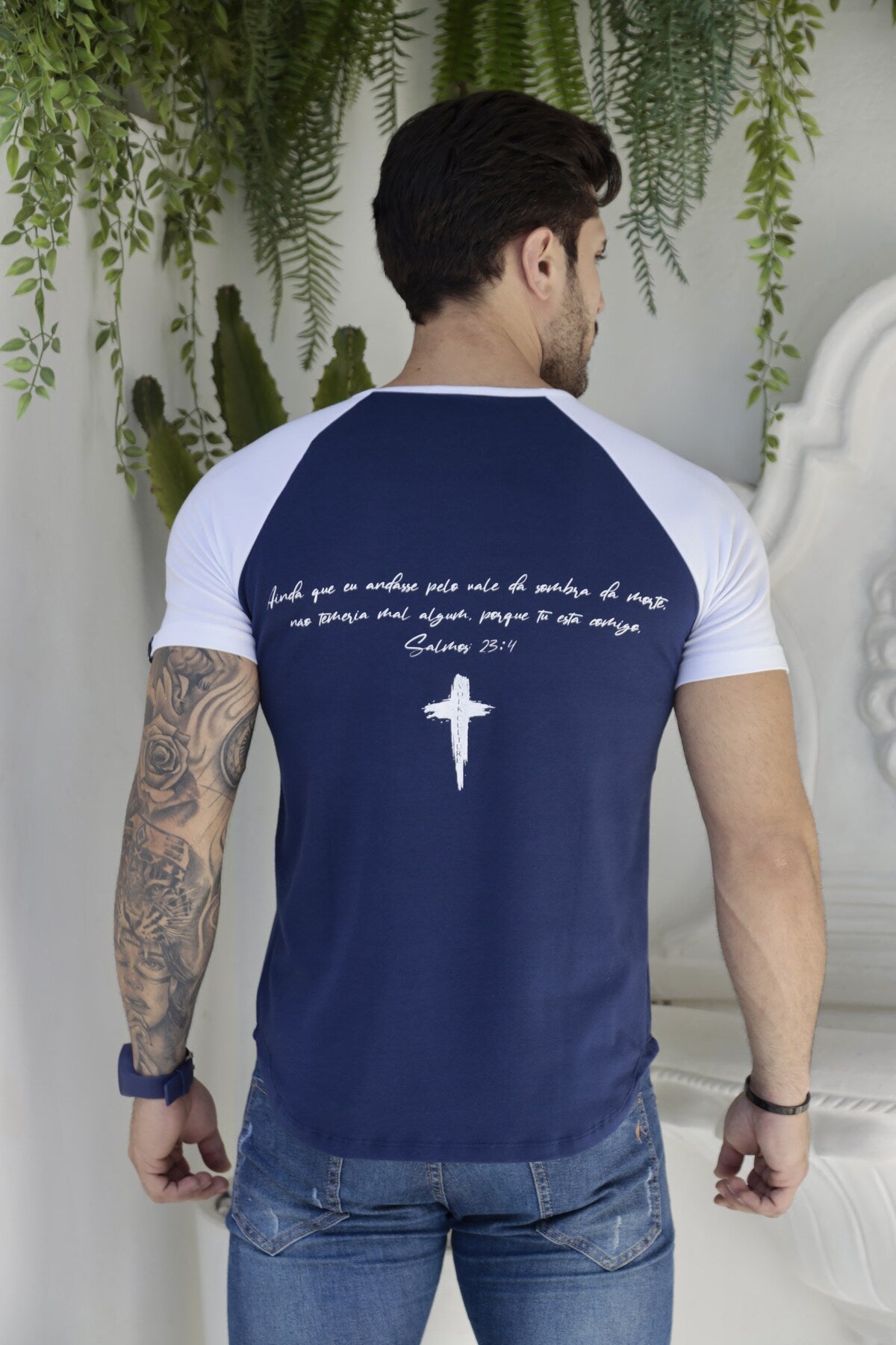 Camiseta Azul Long Line Raglan Volk Culture Cruz