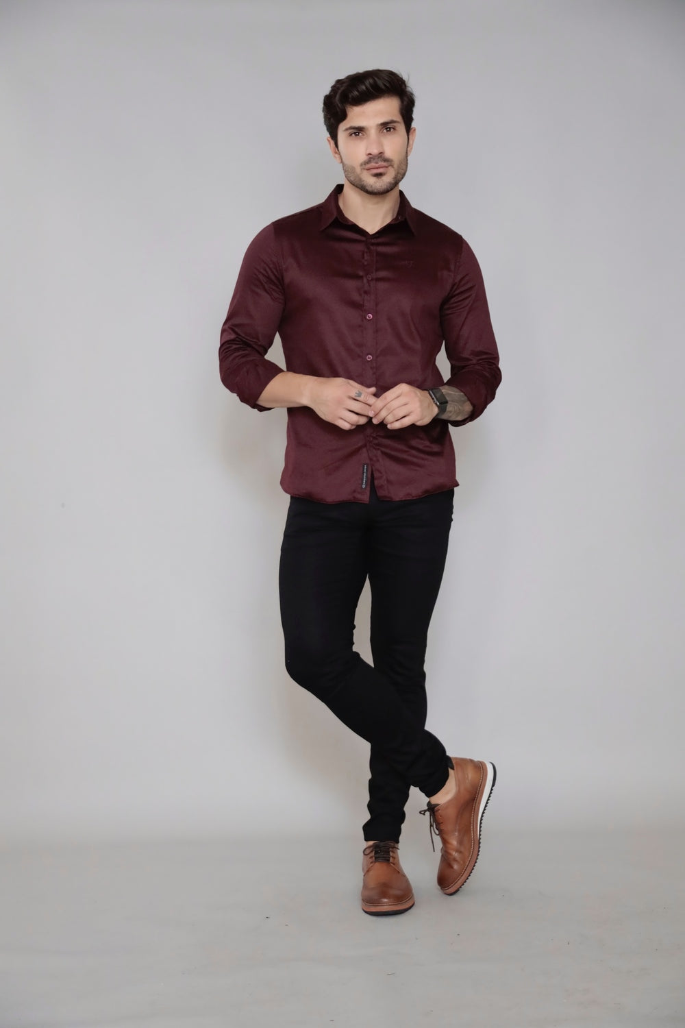 Camisa Manga Longa Social Gola Italiana Vinho Algodão Egípcio