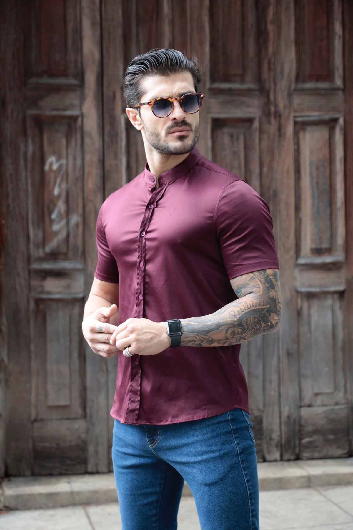 Camisa Manga Curta Social Gola Padre Vinho Algodão Egípcio