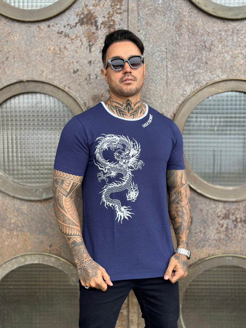 Camiseta Dragão Branco Azul Cotton
